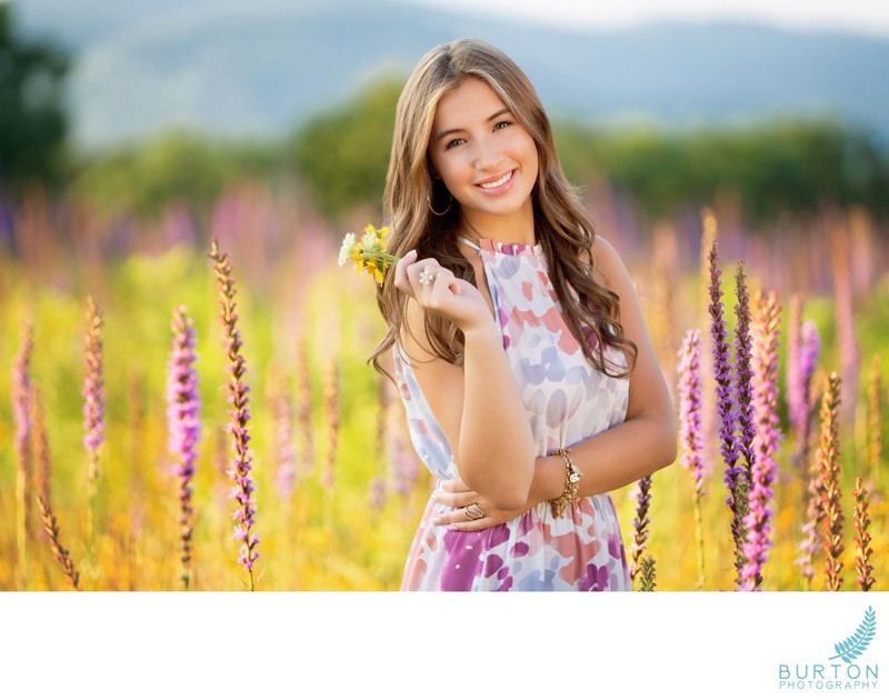 Senior portrait in wildflower field, Boone NC