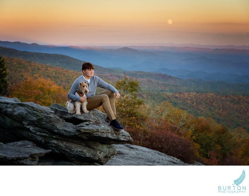 Senior boy with dog, Blue Ridge Mountains, Boone NC