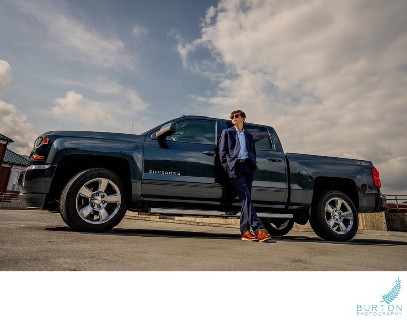 Senior Portrait in Suit with Truck | Boone, NC