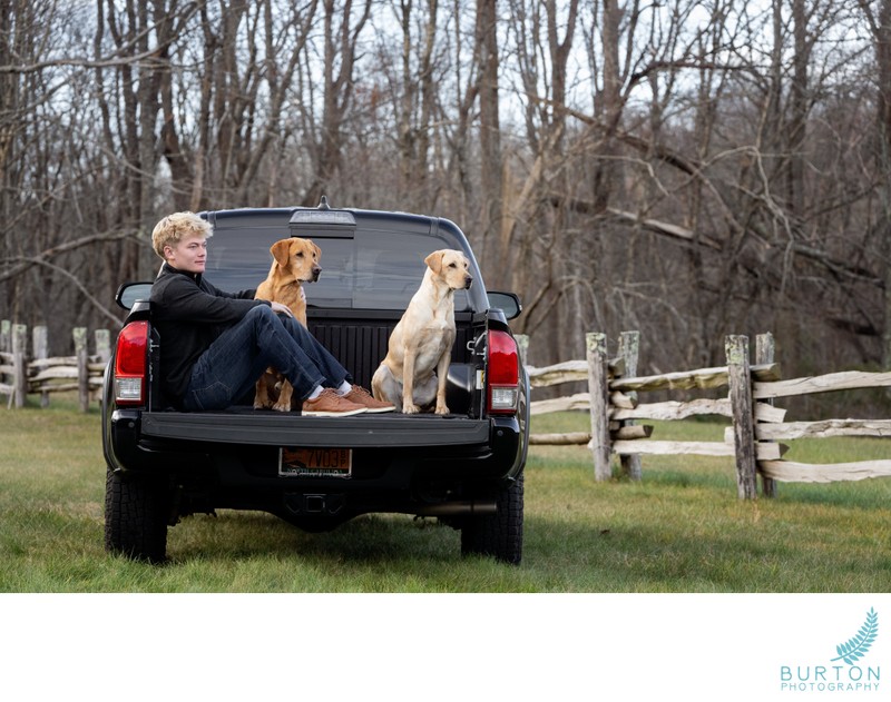 Senior Portrait with Truck and Two Labs | Boone, NC