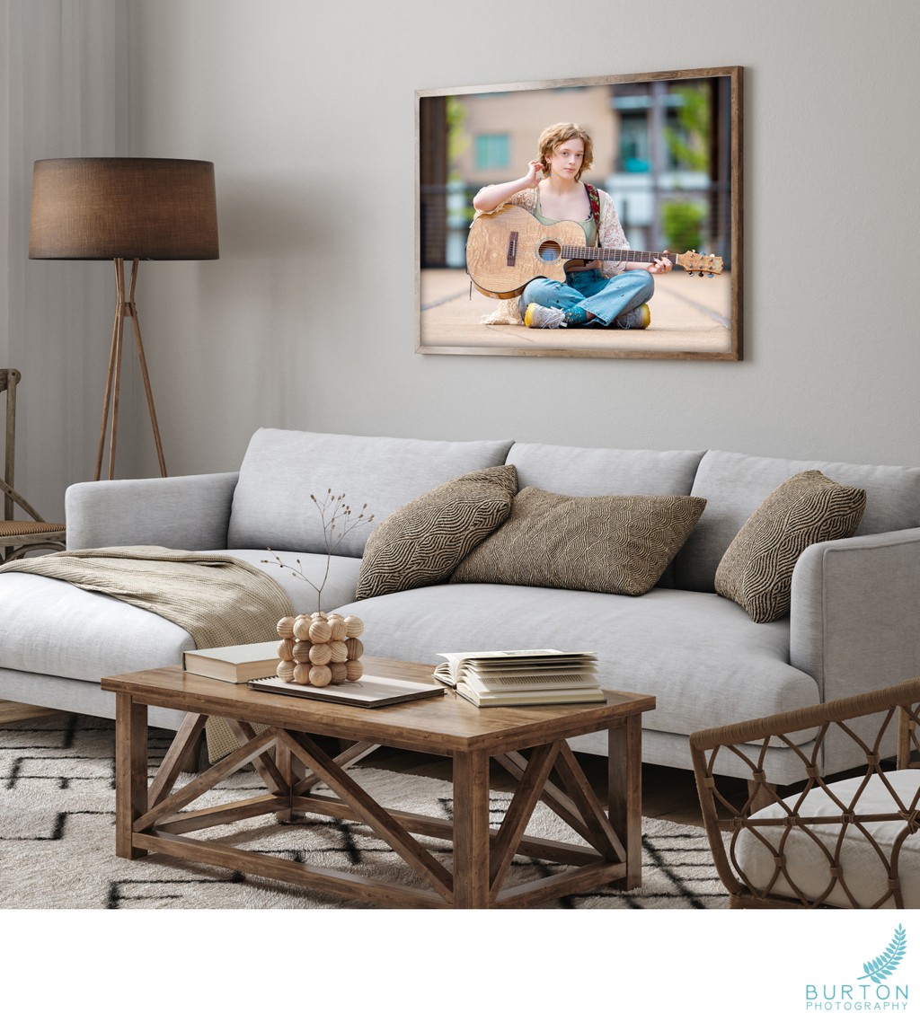 Horizontal wooden frame mockup in scandinavian farmhouse living room interior, 3d render