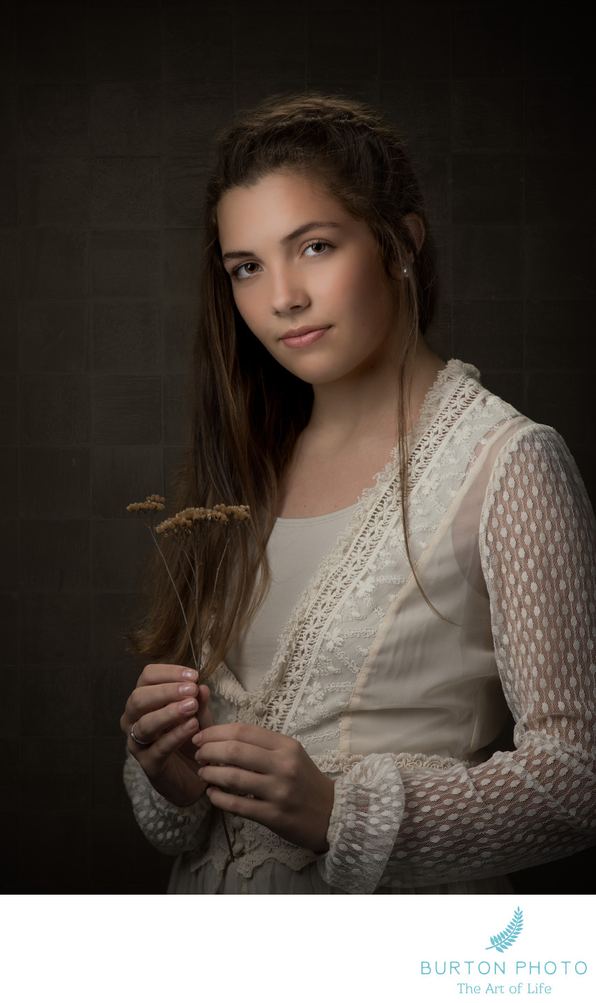 Studio Portrait Boone Girl With Dried Flower