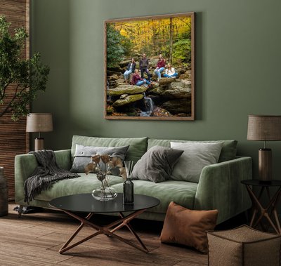 Mock-up square frame in dark green furnished home interior background, 3d render
