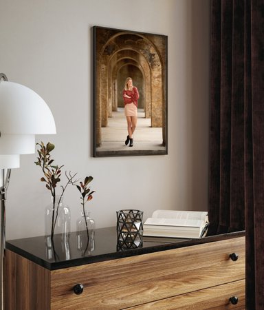 Poster frame mock-up in modern living room, furnished home interior background, 3d render