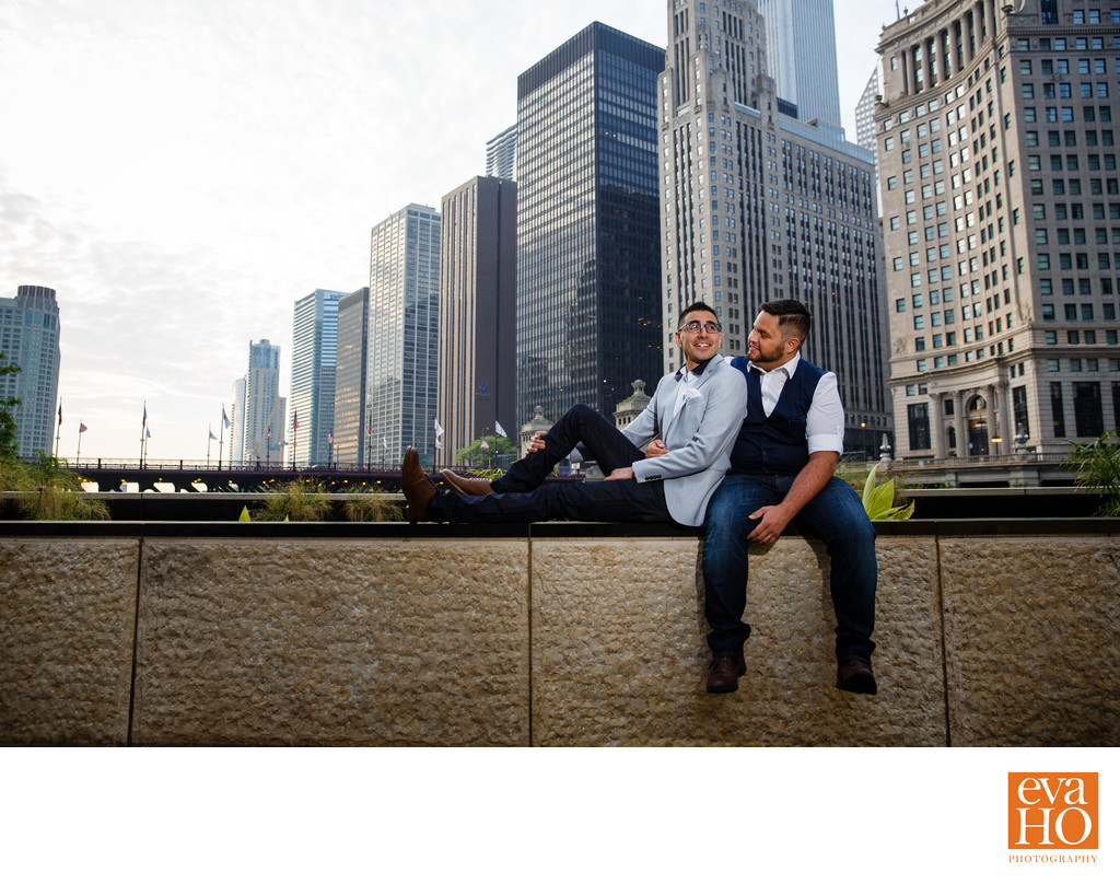 Chicago Riverwalk Sunrise Cute Gay Couple Engagement