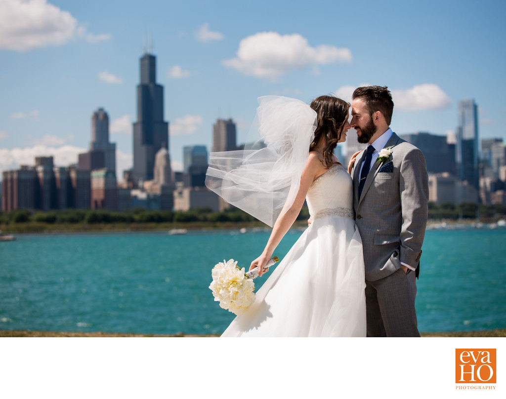 Chicago Skyline in Stunning Bride and Groom Portrait