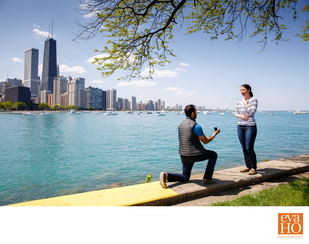Surprised Proposal In Front of Chicago Skyline