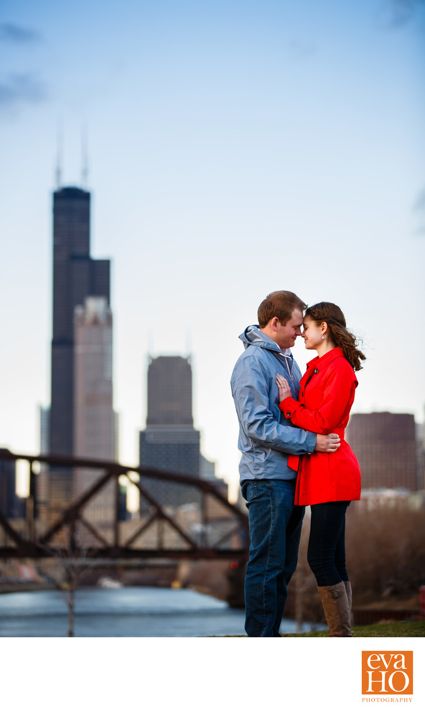 Ping Tom Park Engagement with Willis Tower Background
