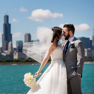 Chicago Skyline in Stunning Bride and Groom Portrait