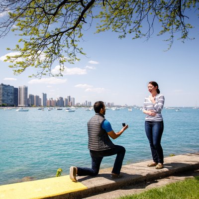 Surprised Proposal In Front of Chicago Skyline