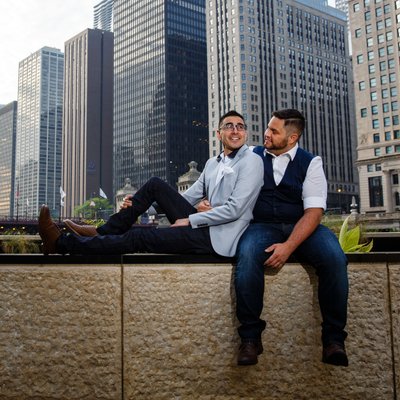 Chicago Riverwalk Sunrise Cute Gay Couple Engagement