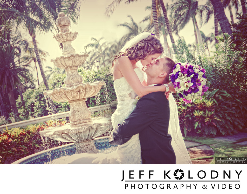Bride and Groom Kissing at the Breakers in Palm Beach.