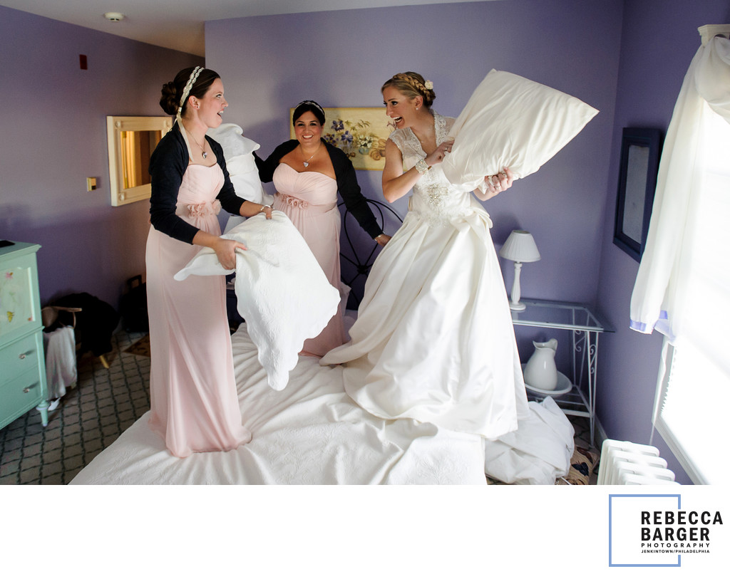 Bridesmaid pillow fight, Laurita Winery wedding.