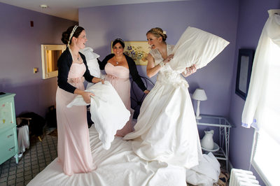 Bridesmaid pillow fight, Laurita Winery wedding.