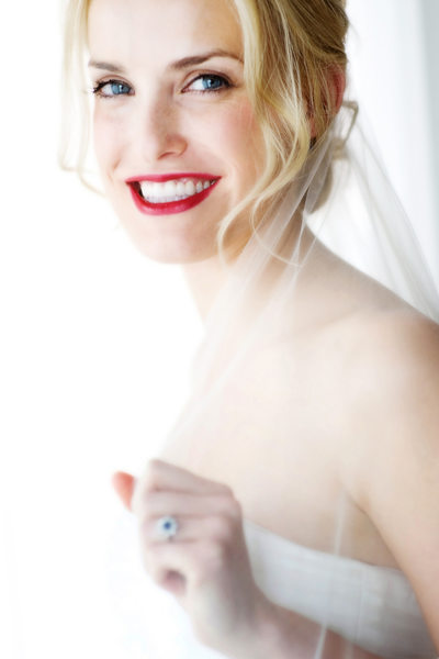 Bright eyes, bright lips, and ready for her wedding at  Fonthill Castle, Bucks County, PA. 
