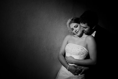 Romantic black and white photo of a wedding couple