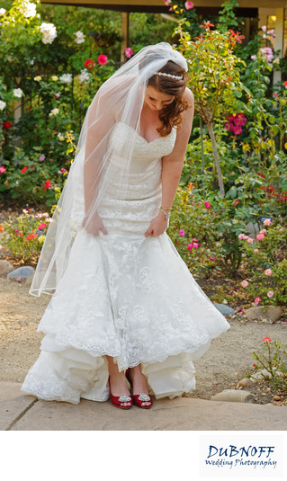 Wedding dress with hot sale red shoes