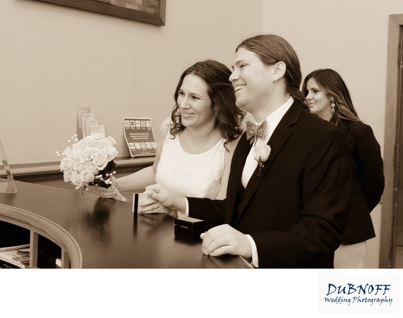 County Clerk Marriage License and check-in by Bride and Groom