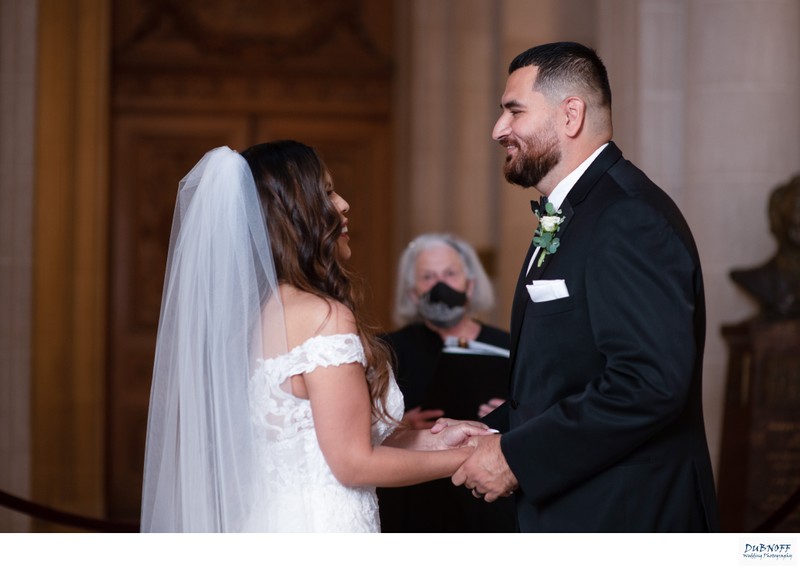 Fun moment  San Francisco city hall wedding ceremony with Officiant