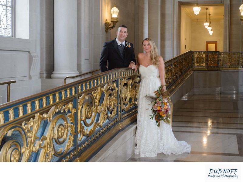 San Francisco city hall railing image with newlyweds