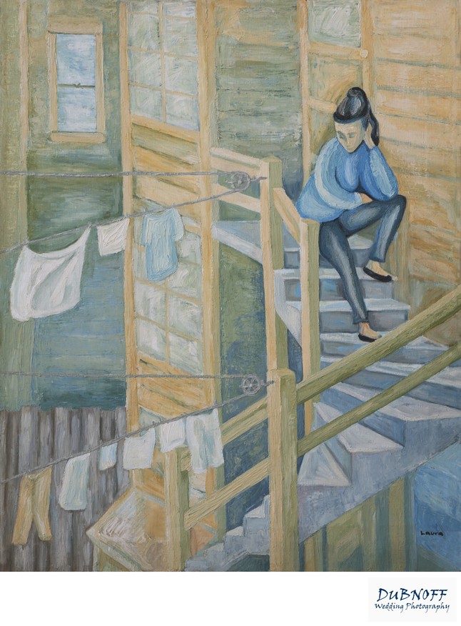 My Mom's art - San Francisco scene with woman on fire escape