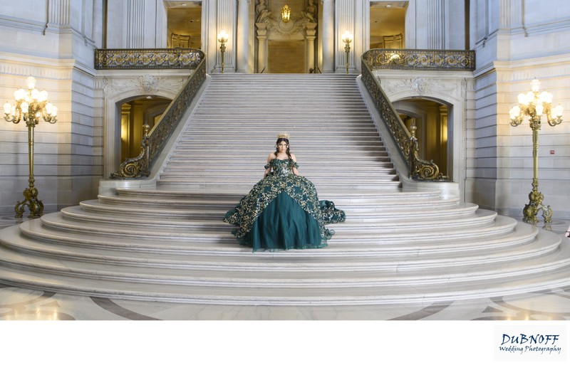 Quinceanera walking down The Grand Staircase at SF City Hall