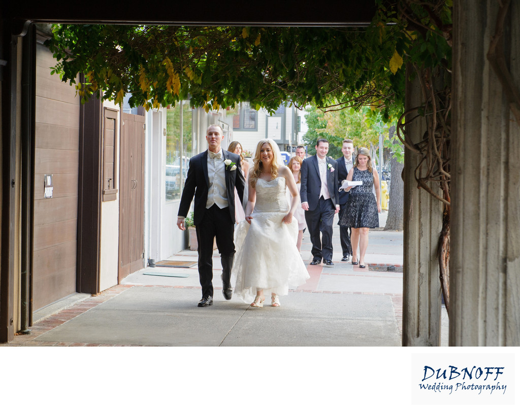 bridal party walking through Benicia in the Bay Area