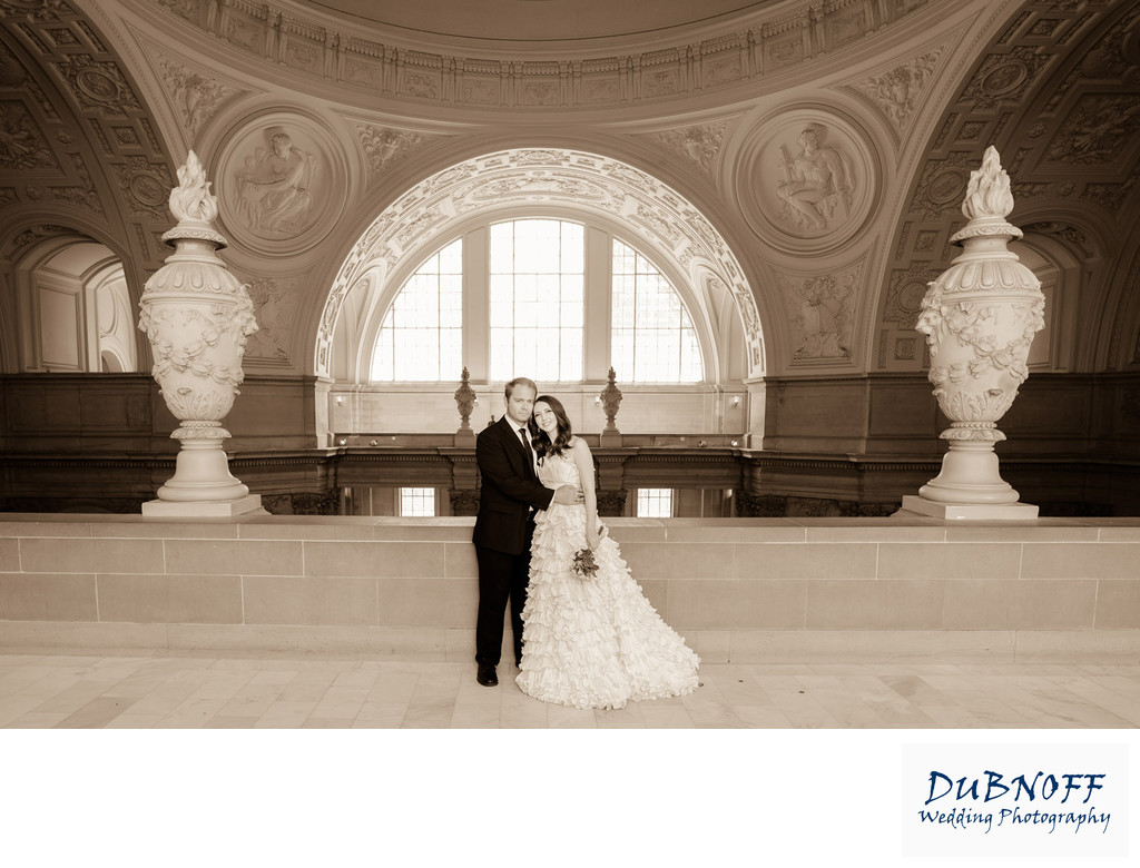 sepia wedding photographer with SF City Hall Architecture