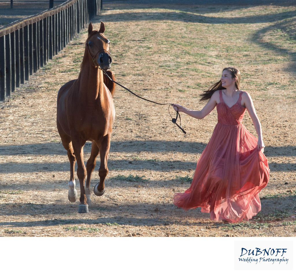 Horse Photography with High School Senior running with Dress Flowing