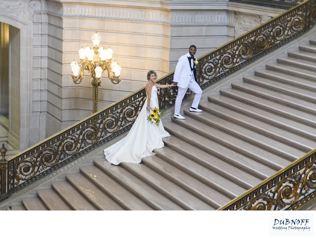 SF City Hall Bride and Groom on Grand Staircase
