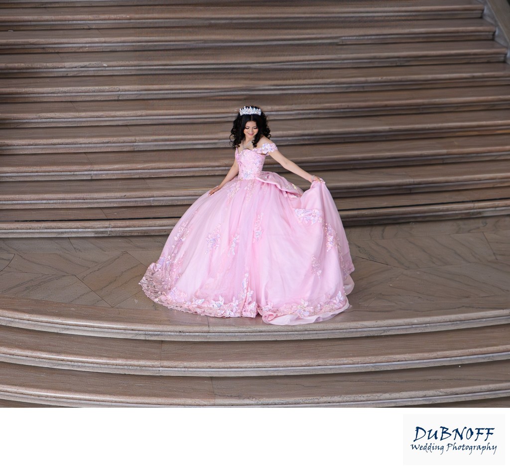 Pink Quinceanera dress on the Grand Staircase at SF City Hall