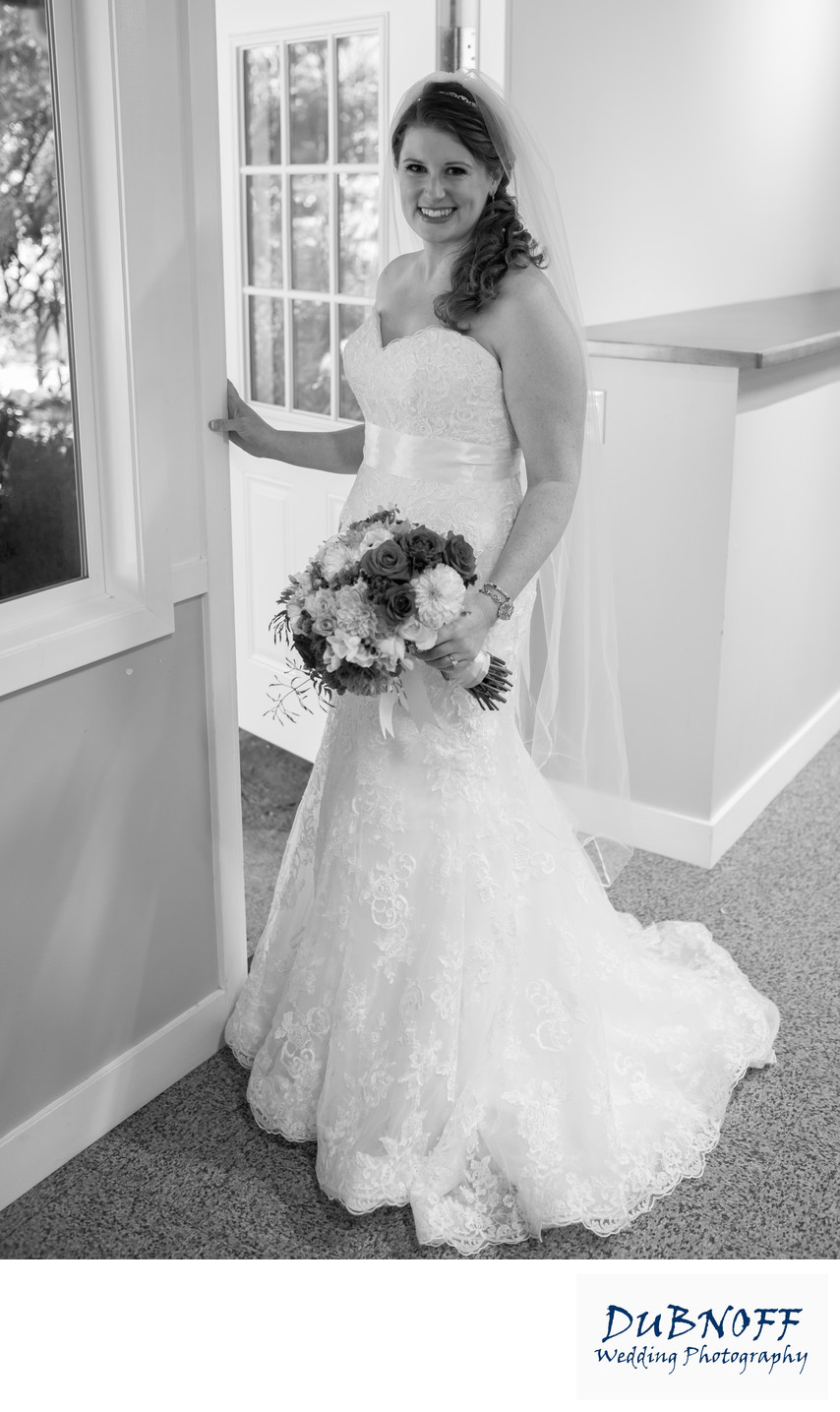 Marin County bride posing by the door