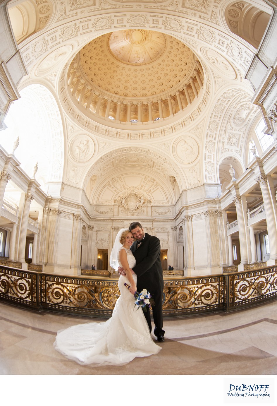 San Francisco city hall wide angle wedding photography of the Rotunda