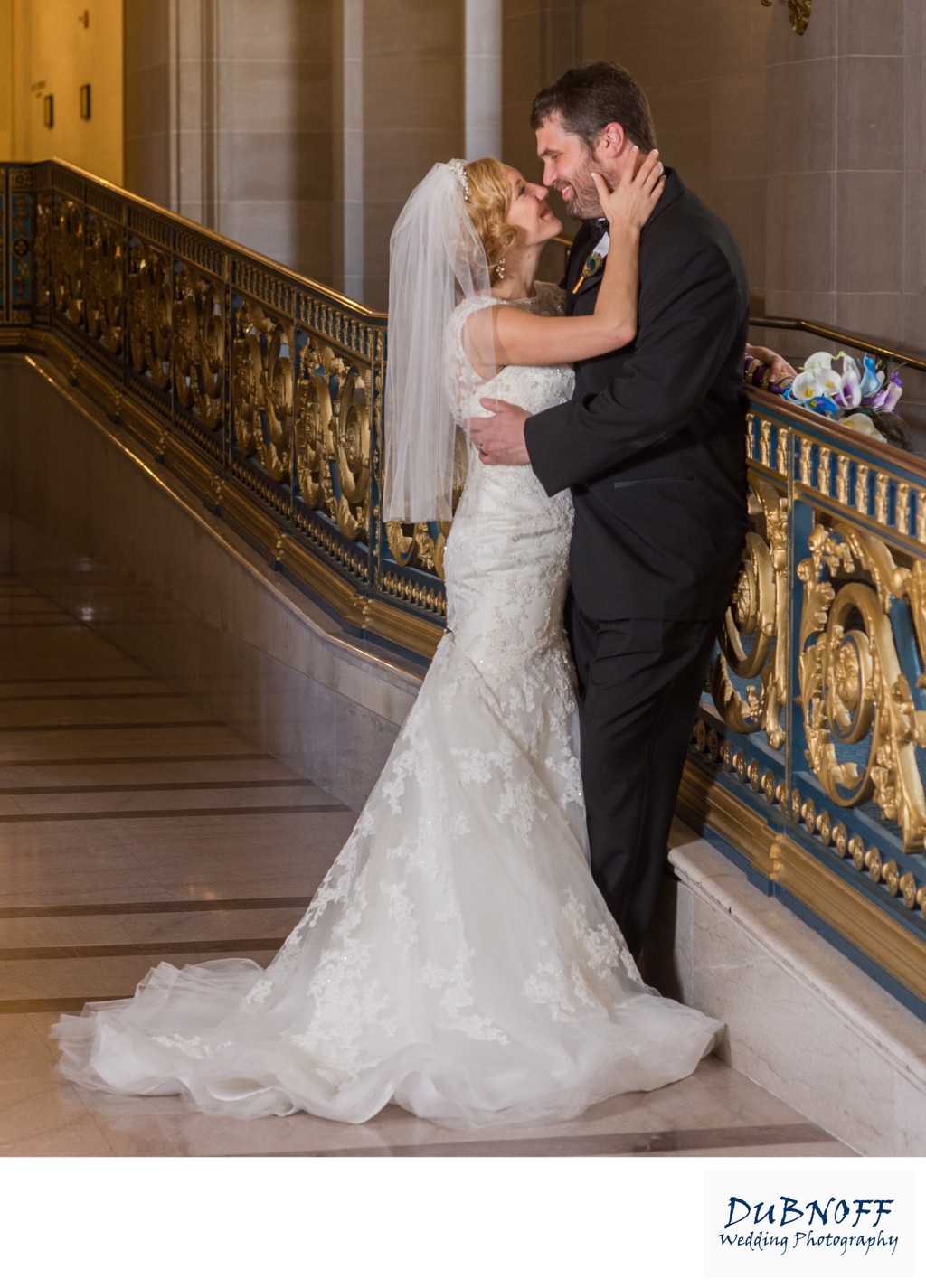 Bride and groom ready to kiss, SF City Hall wedding photography