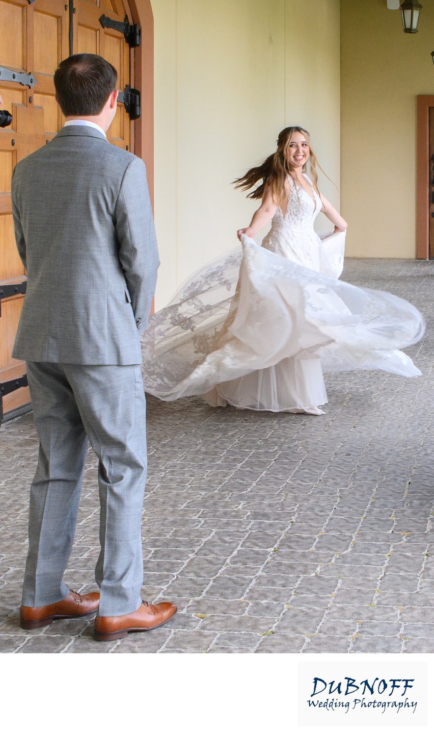 First look Bride spinning for Groom - Bay Area Wedding Photographer