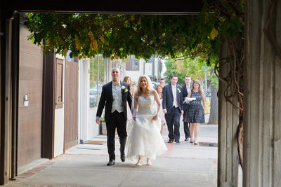 bridal party walking through Benicia in the Bay Area