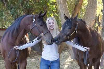 Fun Portrait image of 2 horses Kissing with Owner watching