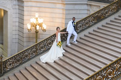 SF City Hall Bride and Groom on Grand Staircase