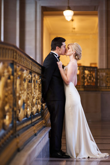 San Francisco City Hall Wedding Photographers - Railing Kiss