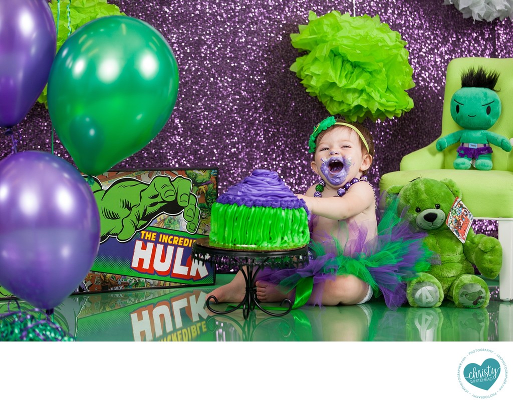 Little Girl Hulk Cake Smash Christy Whitehead Photography 