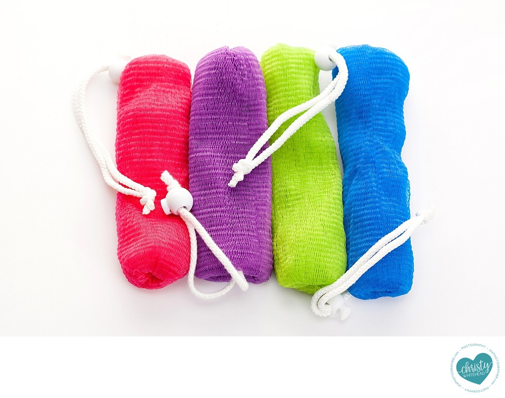 Product photography colorful loofahs