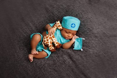 Little Doctor With His Sick Giraffe, Cute Newborn JAX 