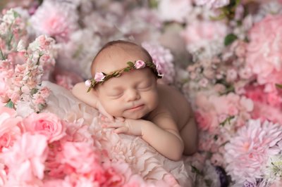 Baby photographed in studio, pink floral