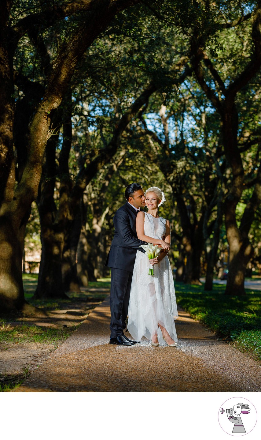 Bride and groom portrait in the park