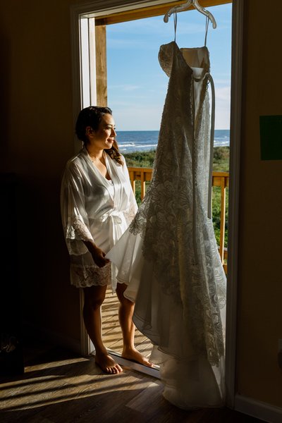 Bride and wedding dress before ceremony
