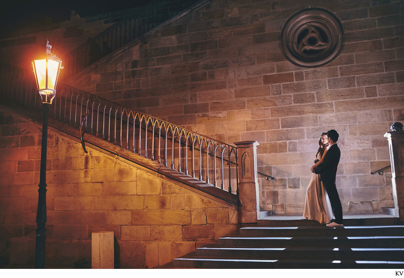 romantic night time portrait Charles Bridge Kampa steps