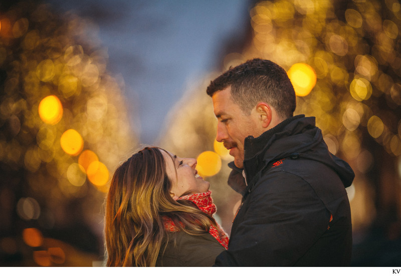 Newly engaged Old Town Square Prague at Christmas