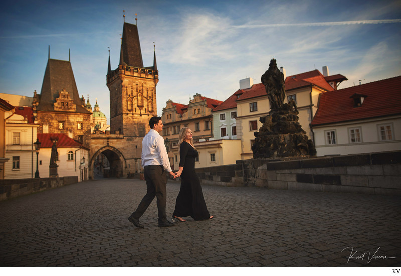 A deserted Charles Bridge with our sunrise couple
