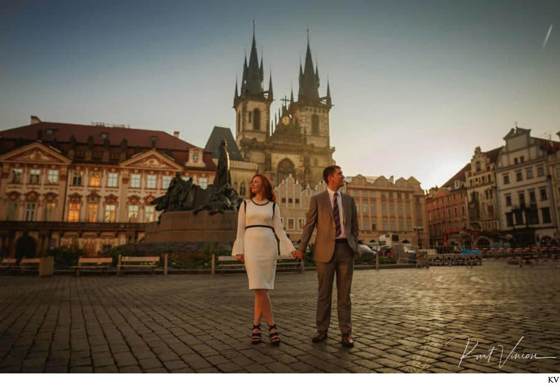 sexy couple in deserted Old Town Square Prague