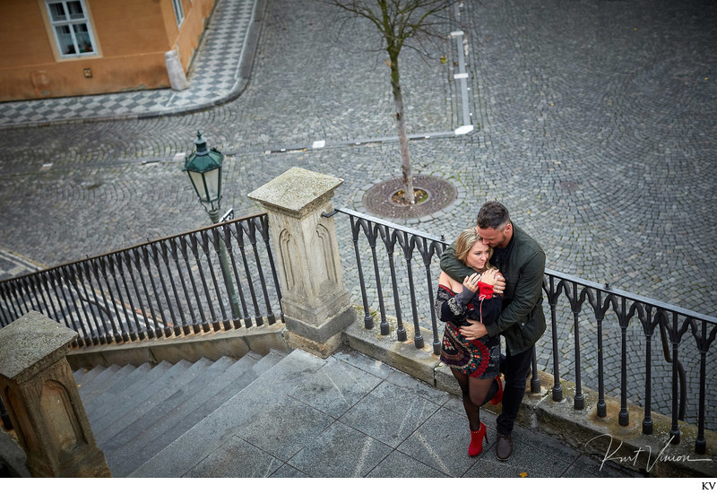 cuddling at the Kampa steps - Prague marriage proposal